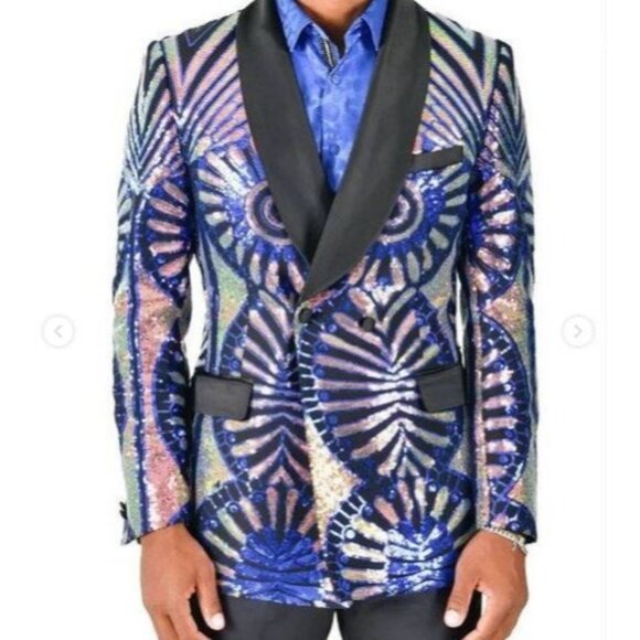 BARABAS Men's Sequin Geometric Pattern Black Blue Blazer 46 2XL New With tags - Picture 1 of 14